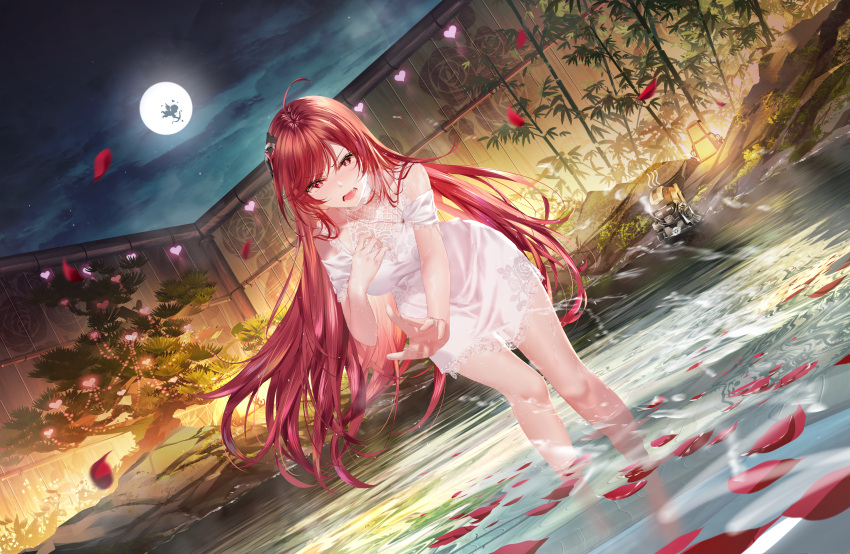 1girl absurdres ahoge bangs blush commentary_request dress dutch_angle full_moon hair_between_eyes heart highres junpaku_karen long_hair looking_at_viewer moon onsen open_mouth original petals red_eyes red_hair shiny shiny_hair short_dress solo very_long_hair wading white_dress