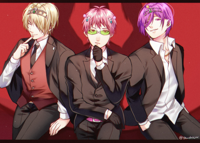 3boys black_gloves black_suit blonde_hair chain gloves hair_over_one_eye headgear male_focus multiple_boys pink_hair pirika_(rm0315) purple_eyes purple_hair red_vest saiki_kusuo saiki_kusuo_no_psi_nan saiki_kuusuke tinted_eyewear toritsuka_reita vest