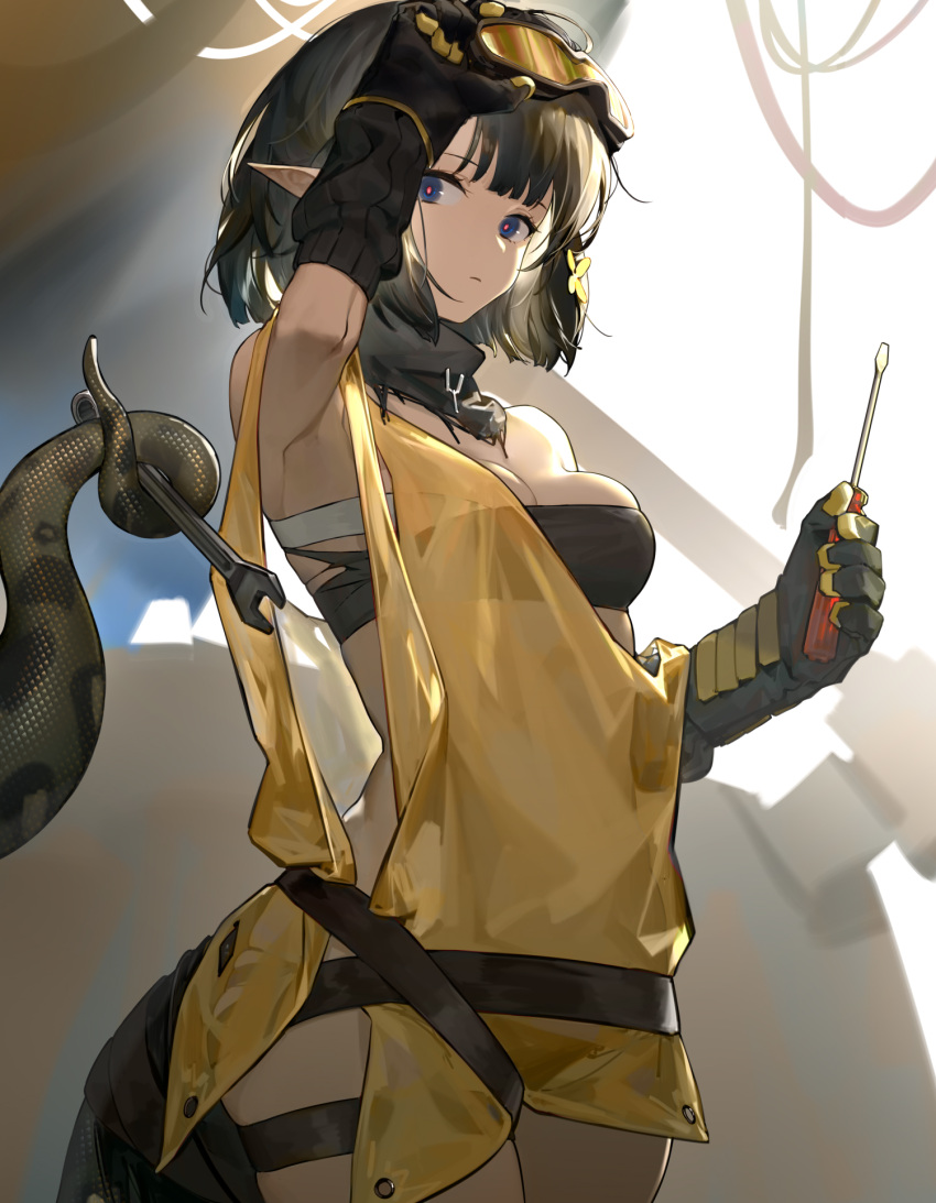 1girl adjusting_eyewear arknights asymmetrical_gloves black_collar black_gloves black_hair blue_eyes breasts cleavage collar cowboy_shot detached_sleeves eta-klein eunectes_(arknights) flower gloves goggles goggles_on_head grey_gloves hair_flower hair_ornament highres holding holding_screwdriver holding_with_tail holding_wrench medium_breasts mismatched_gloves pointy_ears prehensile_tail screwdriver see-through_shirt sheer_clothes shirt short_hair solo tail thigh_strap thighs white_background wrench yellow_flower yellow_shirt