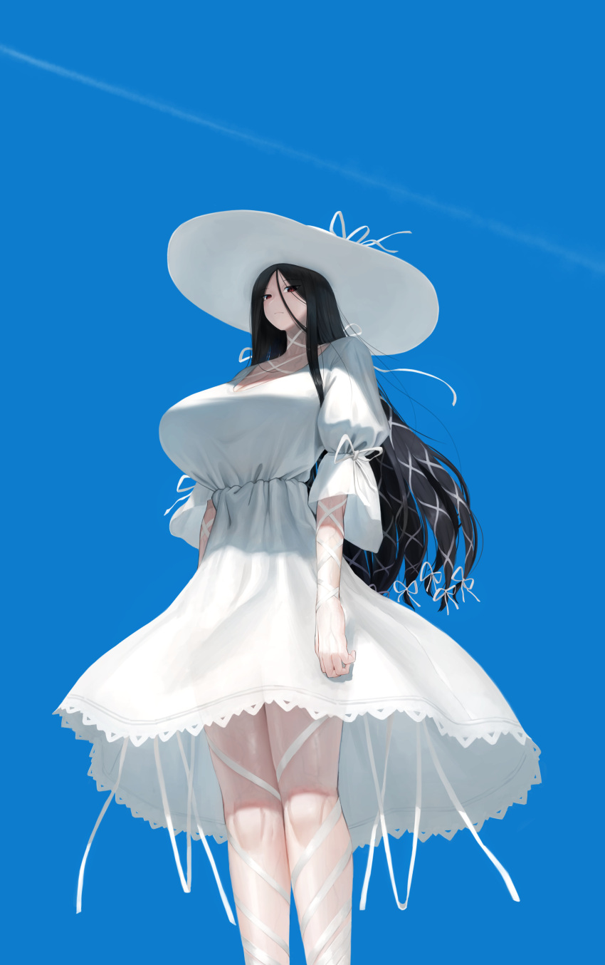 1girl 2ch absurdres adapted_costume alternate_hairstyle arm_at_side arm_ribbon bangs black_hair blue_sky blush breasts cleavage closed_mouth commentary_request condensation_trail cowboy_shot day dress expressionless hair_ribbon hasshaku-sama hat highres huge_breasts leg_ribbon looking_at_viewer looking_down neck_ribbon oruka_(kamituki0827) outdoors parted_bangs red_eyes ribbon short_dress sky solo straight_hair sun_hat tall_female thigh_ribbon tied_hair veins white_dress white_headwear white_ribbon