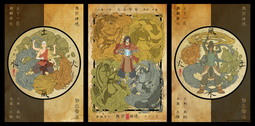 1girl 2boys aang avatar:_the_last_airbender avatar_(series) bald chinese_clothes dragon earth fire fish highres korra kyoshi_(avatar) long_hair michael_matsumoto multiple_boys old_man people pose roku short_hair water wind