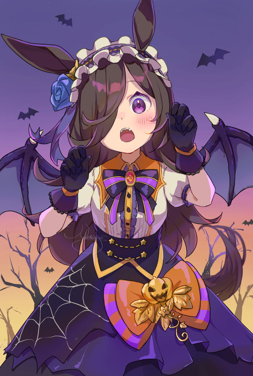 1girl animal_ears bat black_gloves black_skirt blush brown_hair buttons collared_shirt commentary demon_wings fangs gloves hair_over_one_eye halloween halloween_costume highres horse_ears horse_girl horse_tail long_hair make_up_in_halloween!_(umamusume) nut_megu official_alternate_costume open_mouth puffy_short_sleeves puffy_sleeves purple_eyes rice_shower_(umamusume) shirt short_sleeves signature skirt solo tail umamusume white_shirt wings