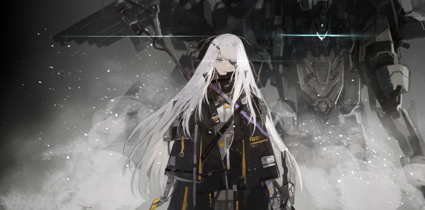 1girl bangs black_jacket blue_eyes buckle closed_mouth collared_jacket commentary eyepatch glowing grey_shirt highres jacket long_hair looking_at_viewer mecha original robot shirt shoulder_belt smoke solo standing upper_body white_hair xinuo223