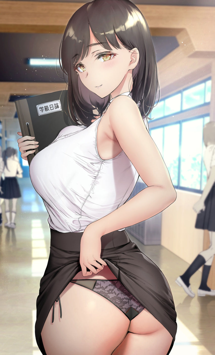 1other 4girls absurdres armpits ass bangs bare_arms bare_shoulders black_hair black_legwear black_panties black_skirt blurry blush breasts brown_hair ceiling_light clothes_lift commentary_request depth_of_field eyebrows_visible_through_hair flashing gentsuki hallway highres holding holding_notebook kneehighs lace-trimmed_panties lace_trim lifted_by_self light_particles lingerie looking_at_viewer looking_back medium_hair multiple_girls notebook original panties parted_bangs pleated_skirt ponytail school_hall school_uniform seductive_smile shirt side-tie_panties skirt skirt_lift sleeveless sleeveless_shirt smile solo_focus standing teacher turning_head underwear white_footwear white_shirt window yellow_eyes