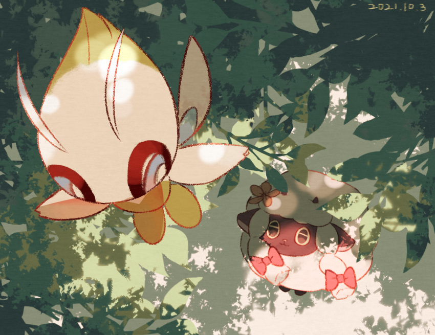 :3 blue_eyes bow bright_pupils celebi closed_mouth commentary_request dated flying leaf leels looking_up no_humans pink_bow pokemon pokemon_(creature) smile white_pupils wooloo