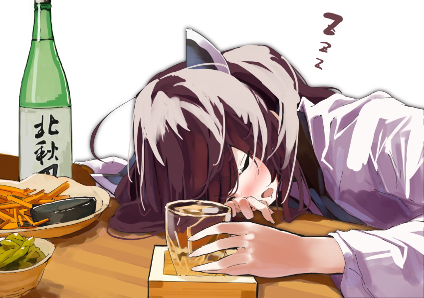 1girl alcohol blush bottle brown_hair closed_eyes commentary cup drinking_glass food headgear holding holding_cup japanese_clothes kimono lamb_(hitsujiniku) long_sleeves open_mouth sake sake_bottle simple_background sleeping solo touhoku_kiritan upper_body voiceroid white_background white_kimono wide_sleeves zzz