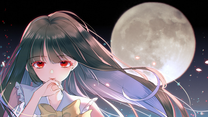 1girl bangs black_hair blouse bow bowtie closed_mouth collar collared_blouse eyebrows_visible_through_hair hair_between_eyes hand_up highres houraisan_kaguya long_hair long_sleeves looking_at_viewer moon moseley night night_sky petals pink_blouse red_eyes sky smile solo touhou upper_body wide_sleeves yellow_bow yellow_bowtie