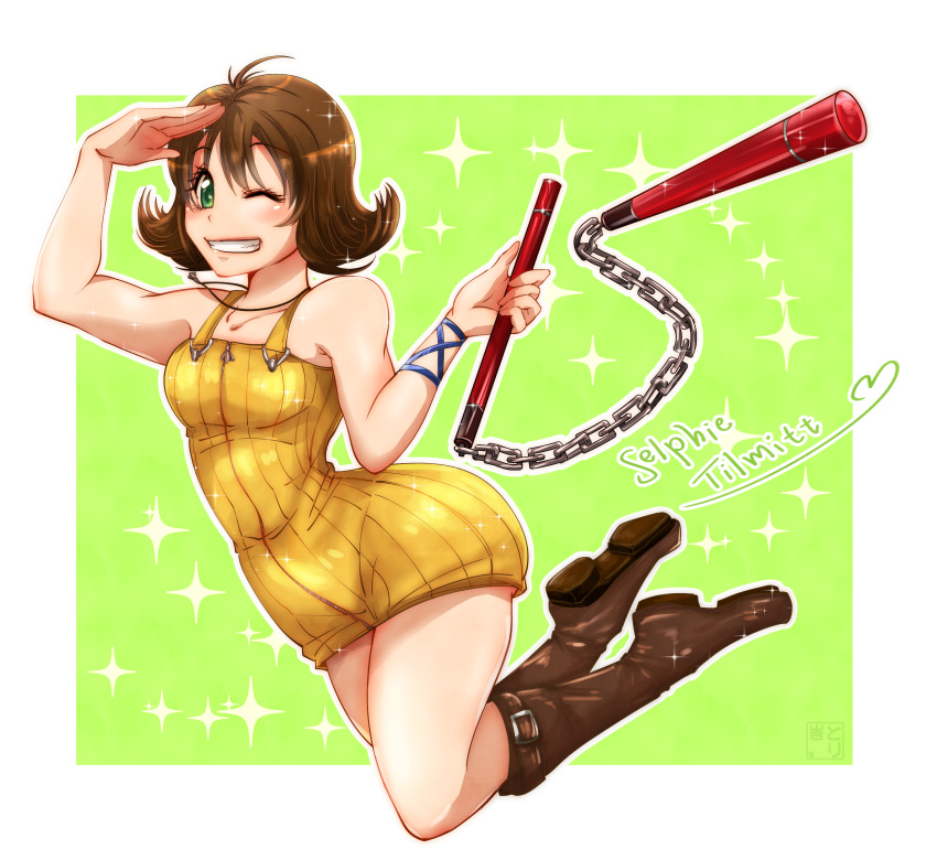 1girl absurdres boots breasts brown_hair final_fantasy final_fantasy_viii flipped_hair full_body green_eyes highres jewelry looking_at_viewer necklace nunchaku one_eye_closed open_mouth salute selphie_tilmitt short_hair skirt smile solo torikichi101 weapon yellow_overalls yellow_skirt