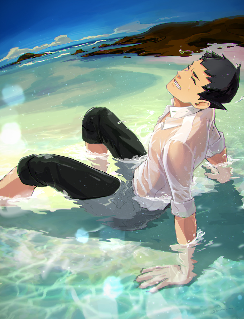 1boy ace_attorney ayu161 black_hair black_pants closed_eyes collared_shirt day dress_shirt foot_out_of_frame grin highres male_focus outdoors pants pants_rolled_up partially_submerged ryunosuke_naruhodo shirt short_hair sleeves_rolled_up smile solo the_great_ace_attorney the_great_ace_attorney:_adventures water wet wet_clothes wet_face wet_shirt white_shirt