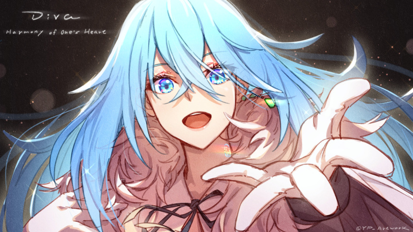 1girl ahoge blue_eyes blue_hair earrings fur_trim gloves hair_between_eyes highres jewelry looking_at_viewer neck_ribbon open_mouth outstretched_arm outstretched_hand reaching_out ribbon single_earring smile solo teeth upper_teeth vivy vivy:_fluorite_eye's_song white_gloves yellowpaint.