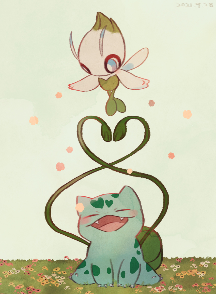 blue_eyes blush bright_pupils bulbasaur celebi claws closed_eyes commentary_request dated fangs flower grass highres leels no_humans open_mouth plant pokemon pokemon_(creature) sitting tongue vines white_pupils