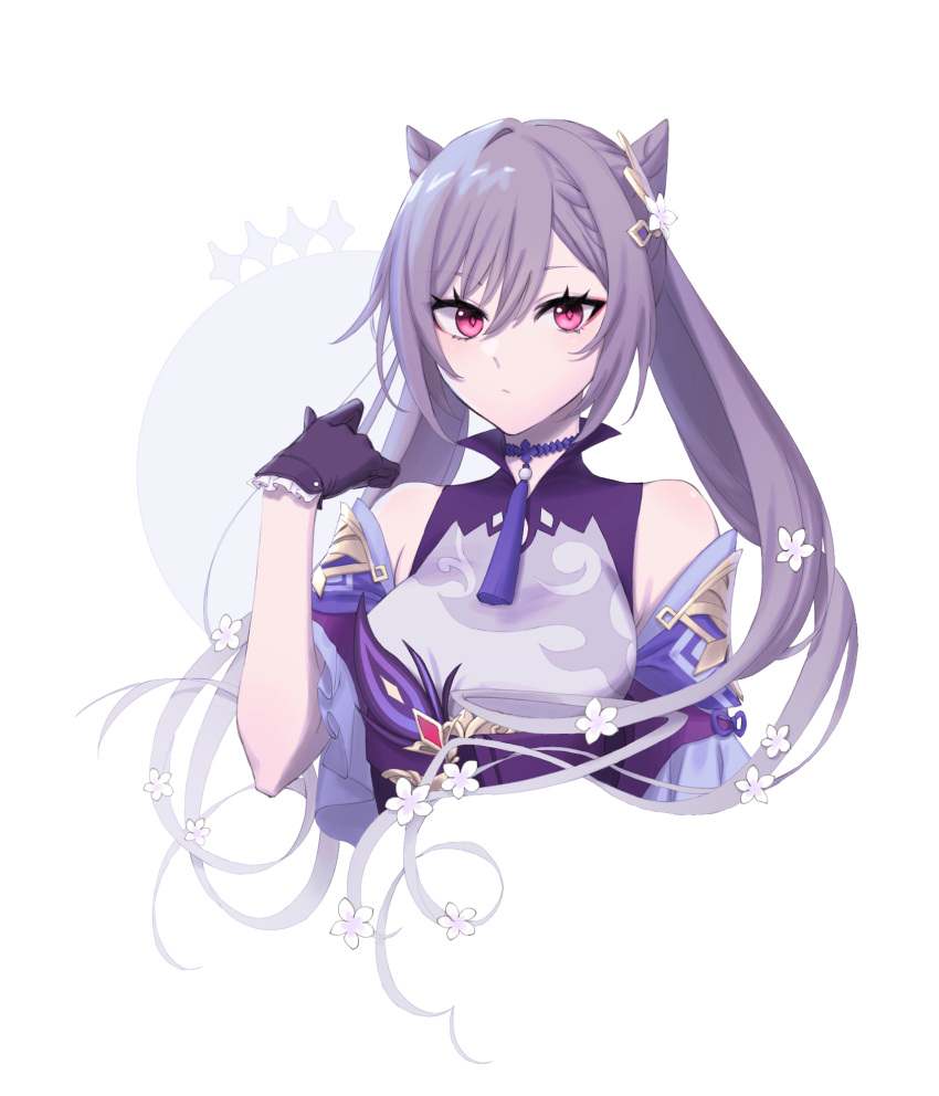 1girl 9cha :/ bare_shoulders black_gloves braid chinese_clothes choker commentary_request cropped_torso detached_sleeves flower genshin_impact gloves hair_cones hair_ornament highres keqing_(genshin_impact) long_hair long_sleeves looking_at_viewer neck_tassel purple_choker purple_hair red_eyes simple_background single_braid solo tassel teeth upper_teeth white_background