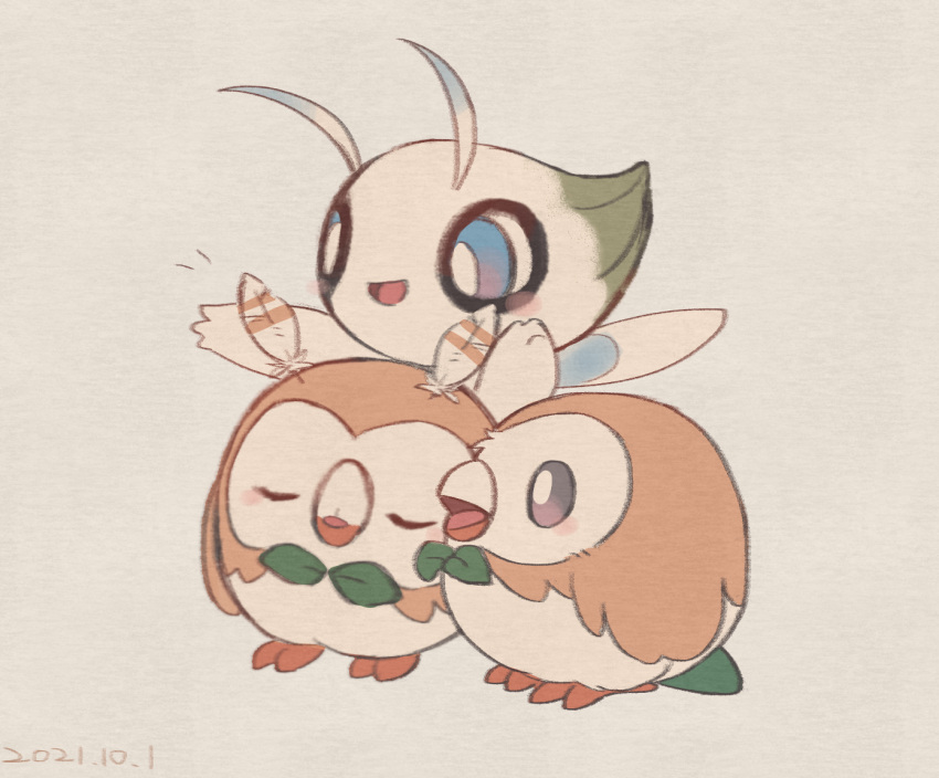 blue_eyes blush bright_pupils celebi closed_eyes commentary_request dated feathers grey_eyes leels no_humans open_mouth pokemon pokemon_(creature) rowlet tongue white_pupils