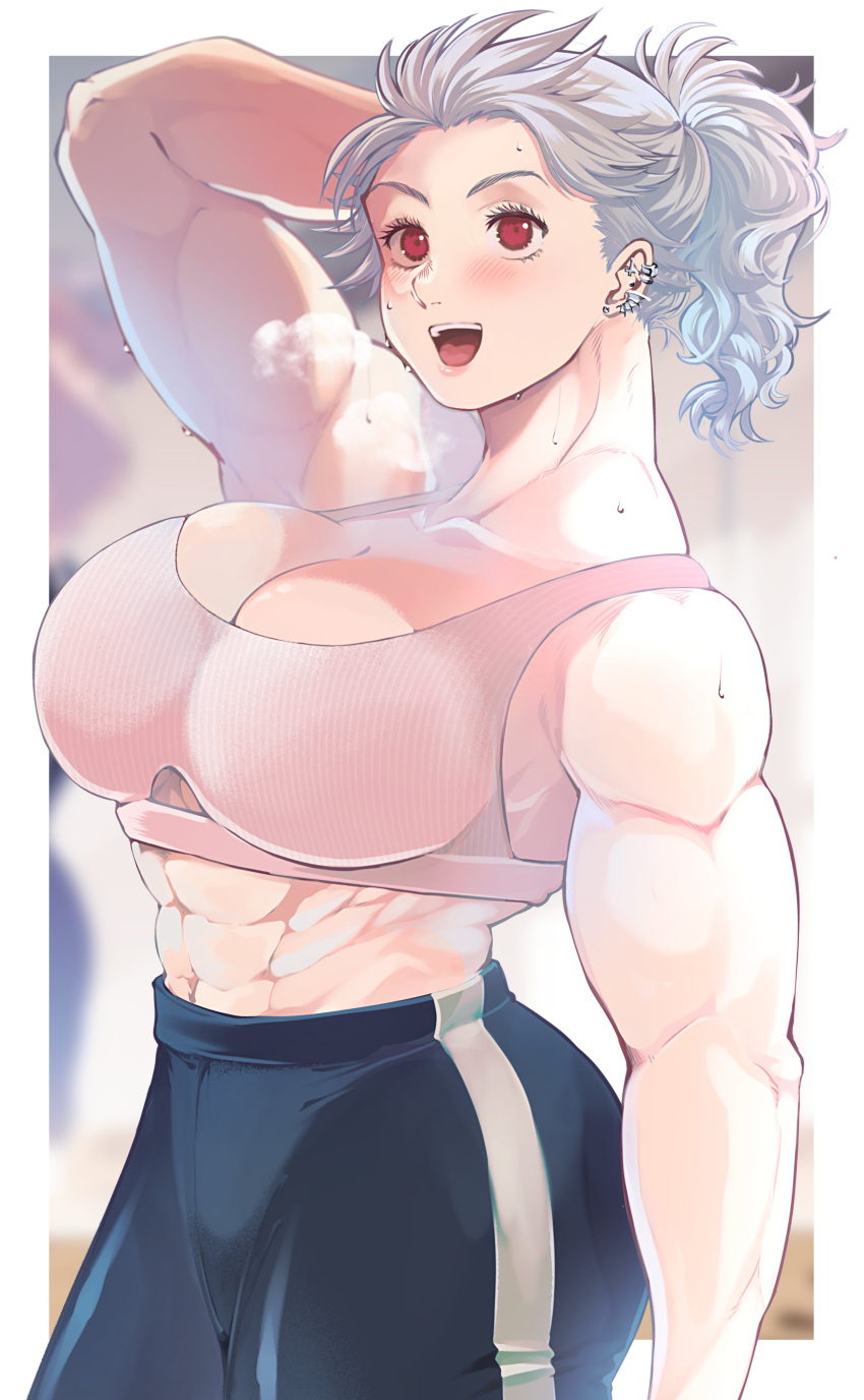 1girl abs absurdres bangs blush breasts dorohedoro earrings formal highres jewelry large_breasts long_hair looking_at_viewer muscular muscular_female navel noi_(dorohedoro) open_mouth ponytail red_eyes simple_background smile solo sports_bra white_hair youto