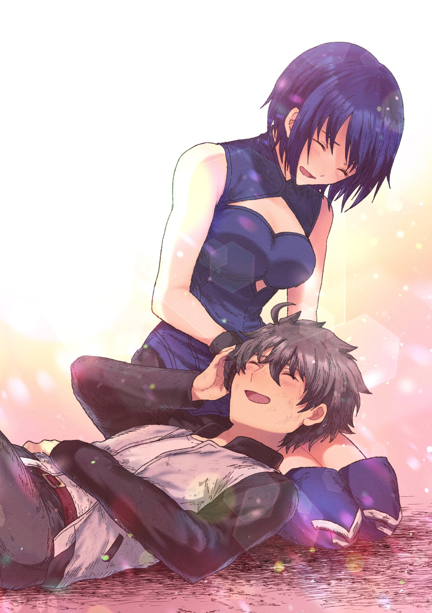 1boy 1girl absurdres ahoge bangs belt belt_buckle black_gloves black_hair black_jacket black_pants black_skirt blue_dress blue_hair blue_legwear blush breasts buckle ciel_(tsukihime) closed_eyes clothing_cutout commentary dress gloves grey_jacket hair_between_eyes hand_on_another's_hand hand_on_own_face happy highres jacket lap_pillow long_sleeves lying medium_breasts miniskirt multicolored_clothes multicolored_jacket open_clothes open_jacket open_mouth pants powerd_ciel red_belt seiza shirt short_hair sitting skirt sleeveless sleeveless_dress smile stella_carmen sunlight thighhighs tohno_shiki tongue tsukihime tsukihime_(remake) two-tone_jacket white_shirt