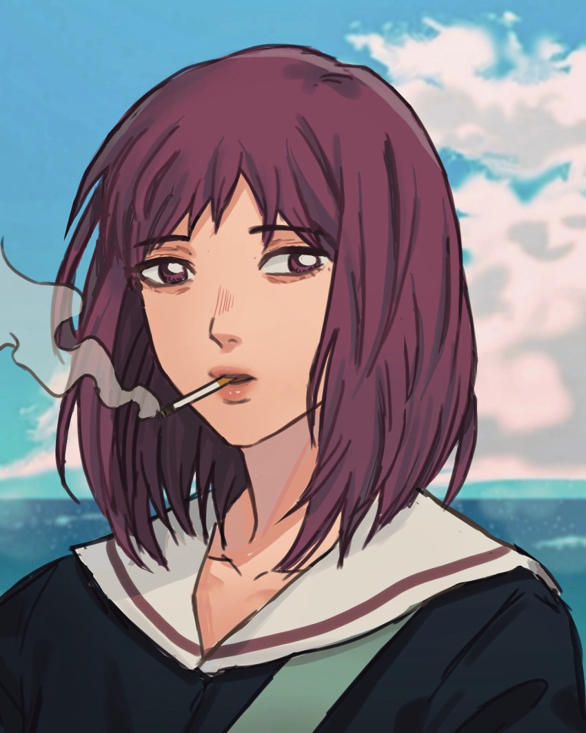 1girl bags_under_eyes bangs blue_sky brown_eyes cigarette cipcal cloud cloudy_sky flcl highres medium_hair ocean red_hair samejima_mamimi school_uniform serafuku sky smoking solo thick_lips