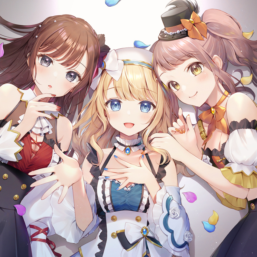 3girls :d black_headwear black_skirt blonde_hair blue_eyes blue_nails blue_shirt braid breasts brown_eyes brown_hair brown_nails cleavage closed_mouth commentary_request crown_braid detached_sleeves grey_eyes hands_up hat high-waist_skirt highres long_hair long_sleeves medium_breasts mini_hat momoshiki_tsubaki multiple_girls nail_polish official_art open_mouth original parted_lips petals pleated_skirt puffy_short_sleeves puffy_sleeves red_nails red_shirt shirt short_sleeves skirt smile twintails white_shirt white_sleeves wide_sleeves