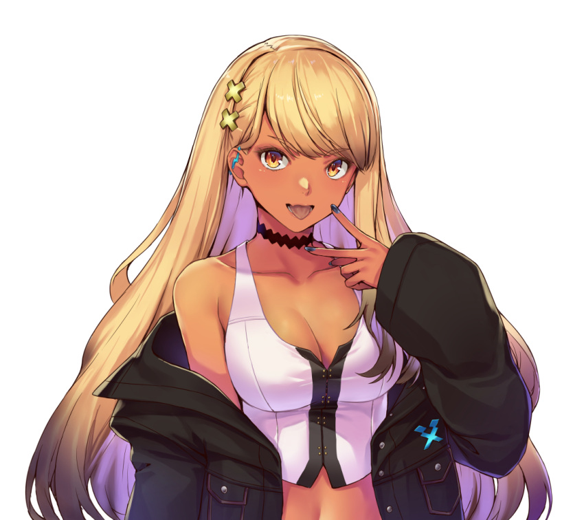 1girl bangs bare_shoulders black_choker black_jacket blonde_hair blue_nails breasts choker collarbone dark-skinned_female dark_skin ear_piercing fang hair_ornament jacket kadokura_sion kaminari_qpi long_hair looking_at_viewer medium_breasts midriff open_clothes open_jacket open_mouth piercing simple_background skin_fang solo swept_bangs tan tank_top tongue tongue_out upper_body v very_long_hair virtual_youtuber vspo! white_background white_tank_top x_hair_ornament