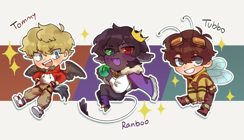 3boys antennae black_hair blonde_hair blue_eyes blush brown_hair cape character_name chibi crown dark-skinned_male dark_skin dream_smp eyebrows_visible_through_hair goggles goggles_on_head heterochromia hood hoodie looking_at_viewer male_focus multiple_boys open_mouth ranboo short_hair smile sparkle sparkle_background tail tommyinnit tropicarico tubbo wings