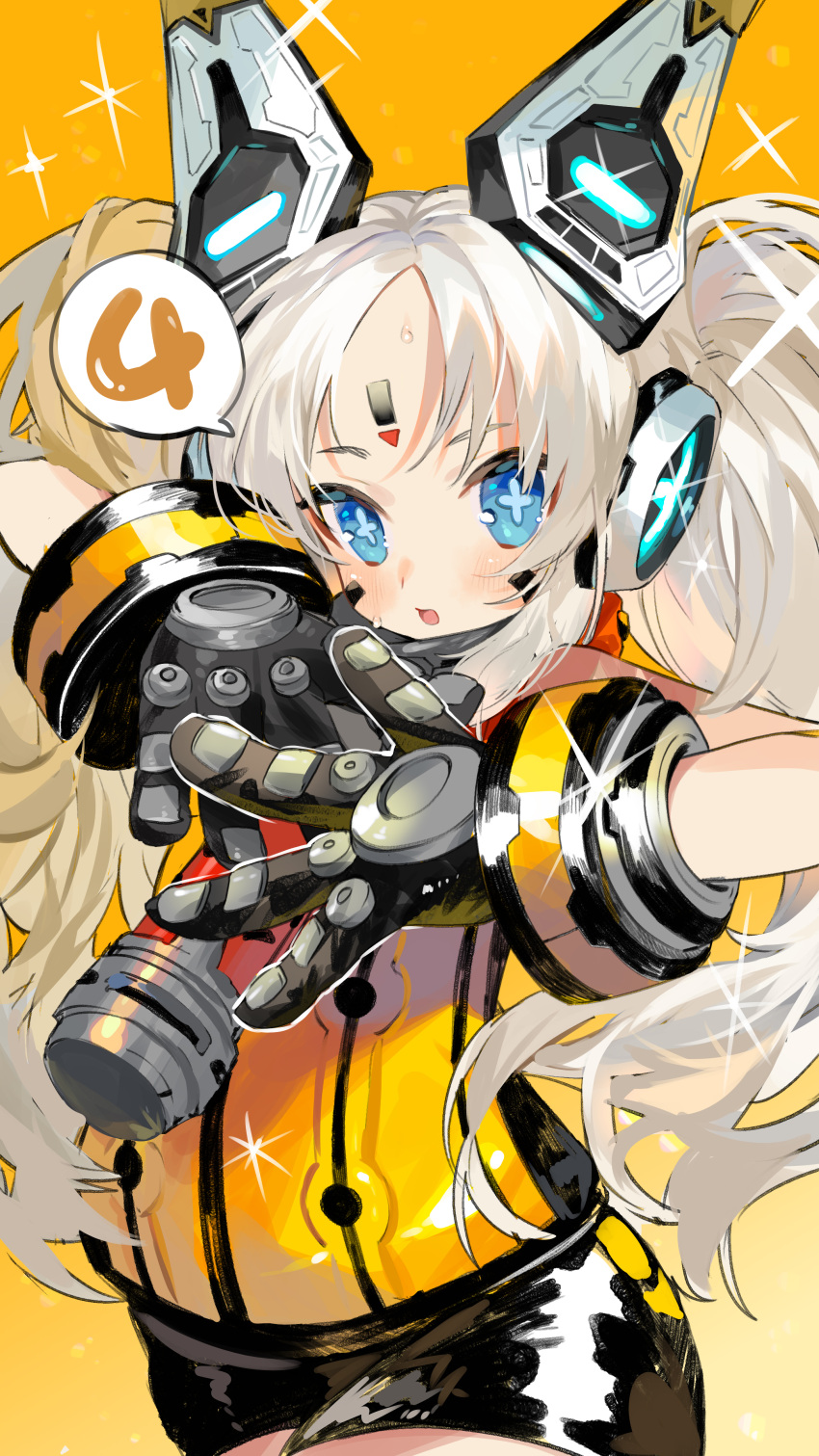 +_+ 1girl aano_(10bit) absurdres android bike_shorts blue_eyes blush countdown cowboy_shot facial_mark forehead_mark gloves headgear highres long_hair metallic_child open_mouth pose rona_(metallic_child) solo sparkle twintails white_hair