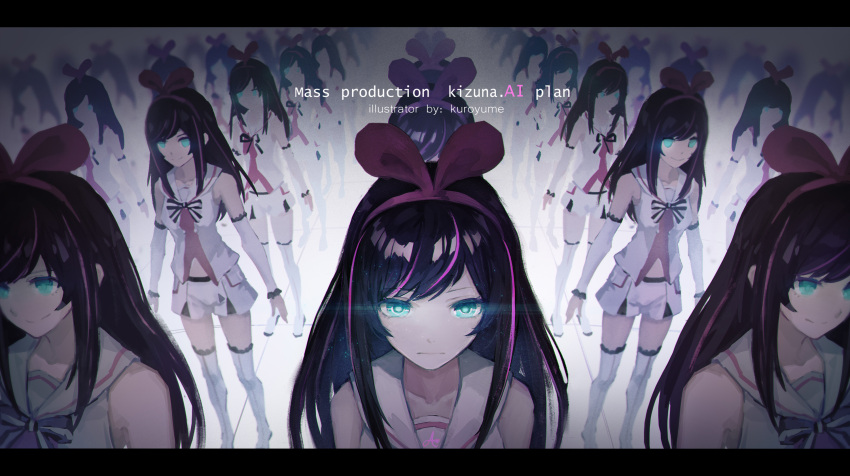 6+girls blue_eyes bow bow_hairband clone closed_mouth commentary detached_sleeves glowing glowing_eyes hair_bow hairband highres kizuna_ai kizuna_ai_inc. kuroyume_(96061617) letterboxed long_sleeves looking_at_viewer multicolored_hair multiple_girls pink_hairband smile streaked_hair thighhighs virtual_youtuber white_legwear