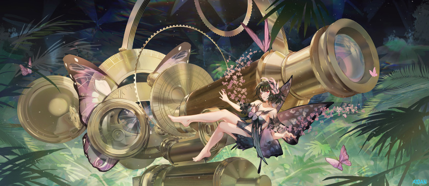 1girl atdan bangs bare_legs bare_shoulders barefoot black_dress black_hair breasts bug butterfly butterfly_hair_ornament butterfly_wings detached_sleeves dress english_commentary hair_ornament highres large_breasts looking_at_viewer md5_mismatch microscope midriff nature original oversized_object parted_lips pink_butterfly plant red_eyes short_sleeves solo wide_shot wings