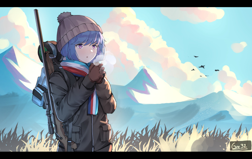 1girl :o absurdres artist_name backpack bag bangs beanie bird black_jacket blue_hair blue_sky bolt_action brown_gloves brown_headwear cloud cloudy_sky commentary day eyebrows_visible_through_hair gar32 gloves gun hat highres interlocked_fingers jacket letterboxed outdoors own_hands_clasped own_hands_together parted_lips purple_eyes rifle scarf shima_rin sky sniper_rifle sniper_scope solo upper_body weapon weapon_request yurucamp