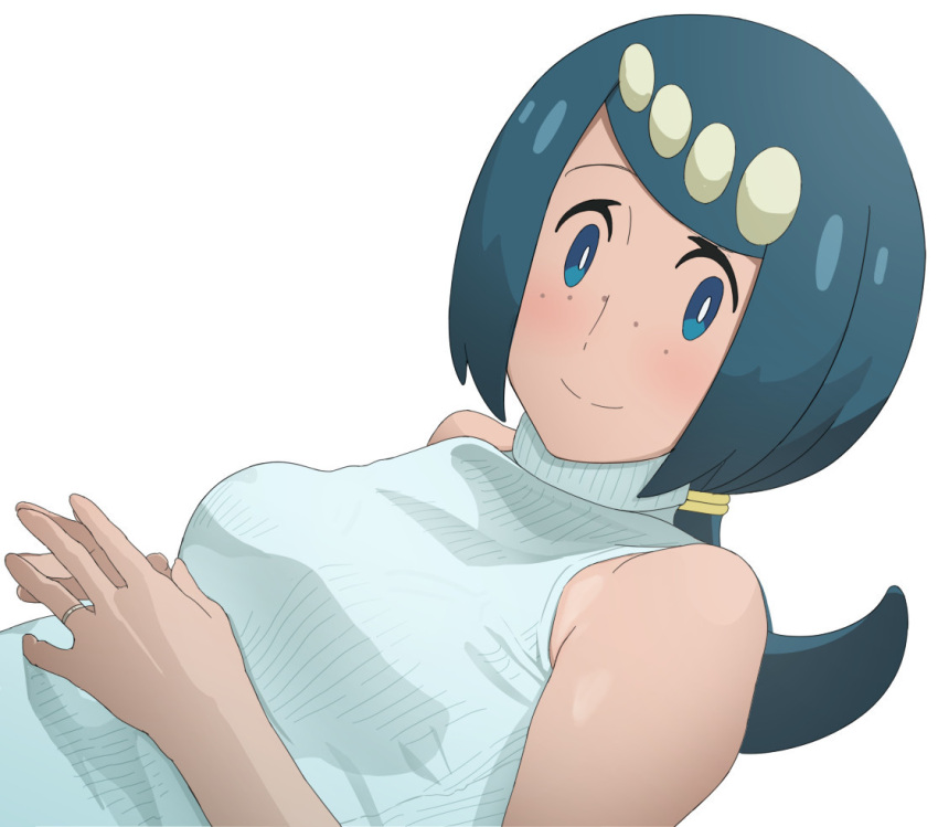 1girl alternate_costume blue_eyes blue_hair blush breasts bright_pupils closed_mouth commentary_request freckles jewelry lana's_mother_(pokemon) long_hair looking_at_viewer namidate no_sclera own_hands_together pokemon pokemon_(anime) pokemon_sm_(anime) ring simple_background sleeveless sleeveless_sweater smile solo split_mouth steepled_fingers sweater tied_hair turtleneck turtleneck_sweater upper_body white_background white_pupils