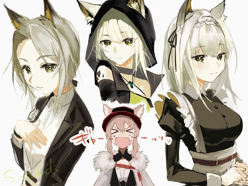 &gt;_&lt; 2girls alternate_costume animal_ears arknights black_jacket black_ribbon blush bow bowtie cat_ears coat collared_shirt dress_shirt ears_through_headwear enmaided eyebrows_visible_through_hair formal fur-trimmed_coat fur_trim green_eyes green_hair hair_ribbon hand_on_own_chest hands_on_own_chest hat heidi_(arknights) highres hood hood_up jacket jewelry kal'tsit_(arknights) looking_at_viewer maid maid_headdress multiple_girls multiple_views necklace official_alternate_costume open_clothes open_jacket open_mouth oripathy_lesion_(arknights) red_headwear ribbon shirt short_hair smile sutoa translated upper_body white_bow white_bowtie white_coat white_headdress white_shirt