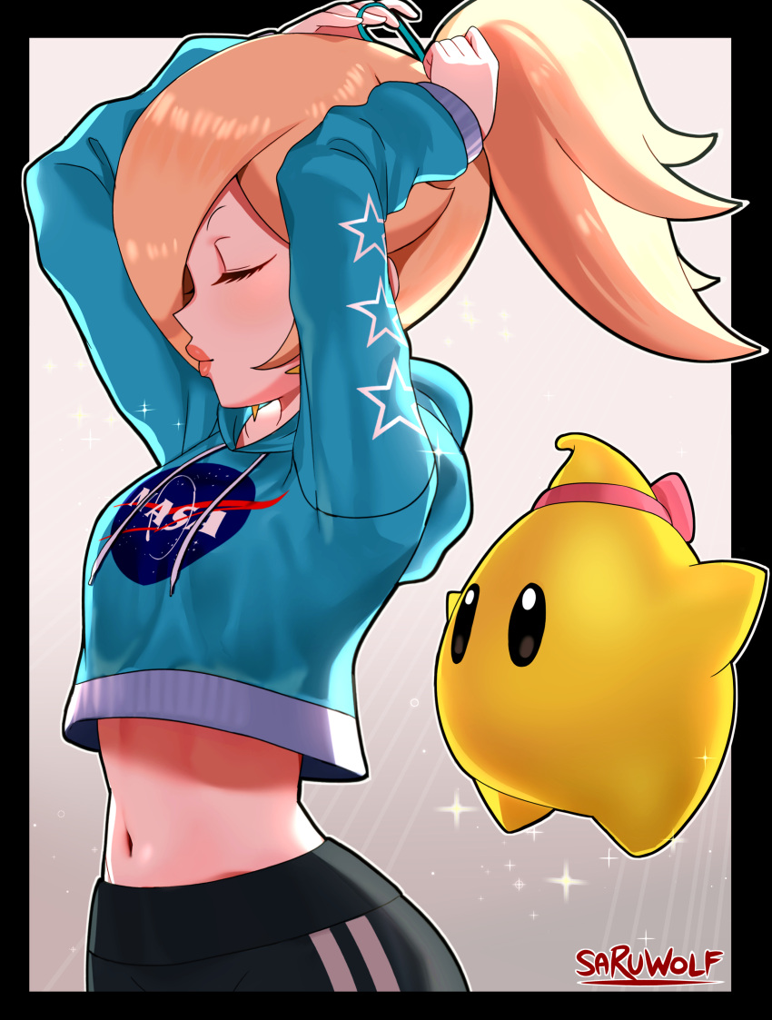 1girl absurdres arms_up ass black_border black_pants blonde_hair border closed_eyes crop_top earrings highres jewelry lips long_hair long_sleeves luma_(mario) mario_(series) nasa_logo navel pants ponytail rosalina sarukaiwolf shirt simple_background sparkle standing star_(symbol) star_earrings star_print super_mario_galaxy tying_hair