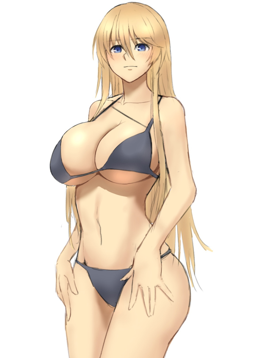 1girl azur_lane bikini bismarck_(azur_lane) black_bikini black_swimsuit blonde_hair blue_eyes blush breasts cleavage closed_mouth collarbone eyebrows_visible_through_hair feet_out_of_frame highres large_breasts lom_(lom_lom_8) long_hair looking_at_viewer navel smile solo standing swimsuit white_background