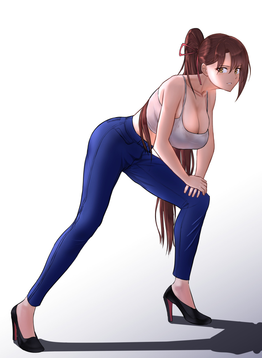 1girl absurdres azur_lane black_footwear breasts brown_hair cleavage closed_mouth collarbone denim eyebrows_visible_through_hair from_side hair_ornament hair_ribbon hairclip hands_on_own_knees high_heels highres jeans large_breasts lom_(lom_lom_8) long_hair looking_at_viewer looking_to_the_side official_alternate_costume pants ponytail red_ribbon ribbon shirt solo standing white_background white_shirt yellow_eyes zuikaku_(azur_lane)