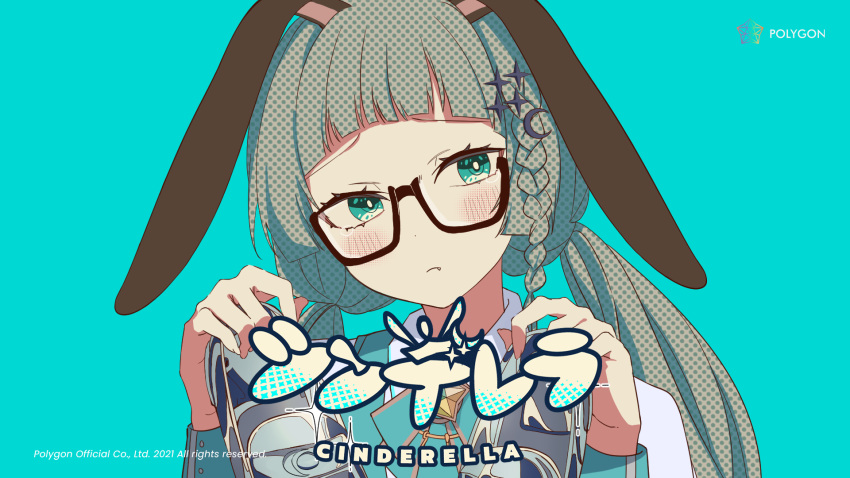 1girl animal_ears aqua_background aqua_eyes artist_request ascot bangs black-framed_eyewear blue_ascot blush braid brooch cinderella_(vocaloid) crescent crescent_hair_ornament ear_down glasses green_hair hair_ornament highres holding holding_shoes jewelry long_sleeves looking_at_viewer lucene_(polygon_project) official_art polygon_project rabbit_ears shoes simple_background solo song_name star_brooch virtual_youtuber wing_collar