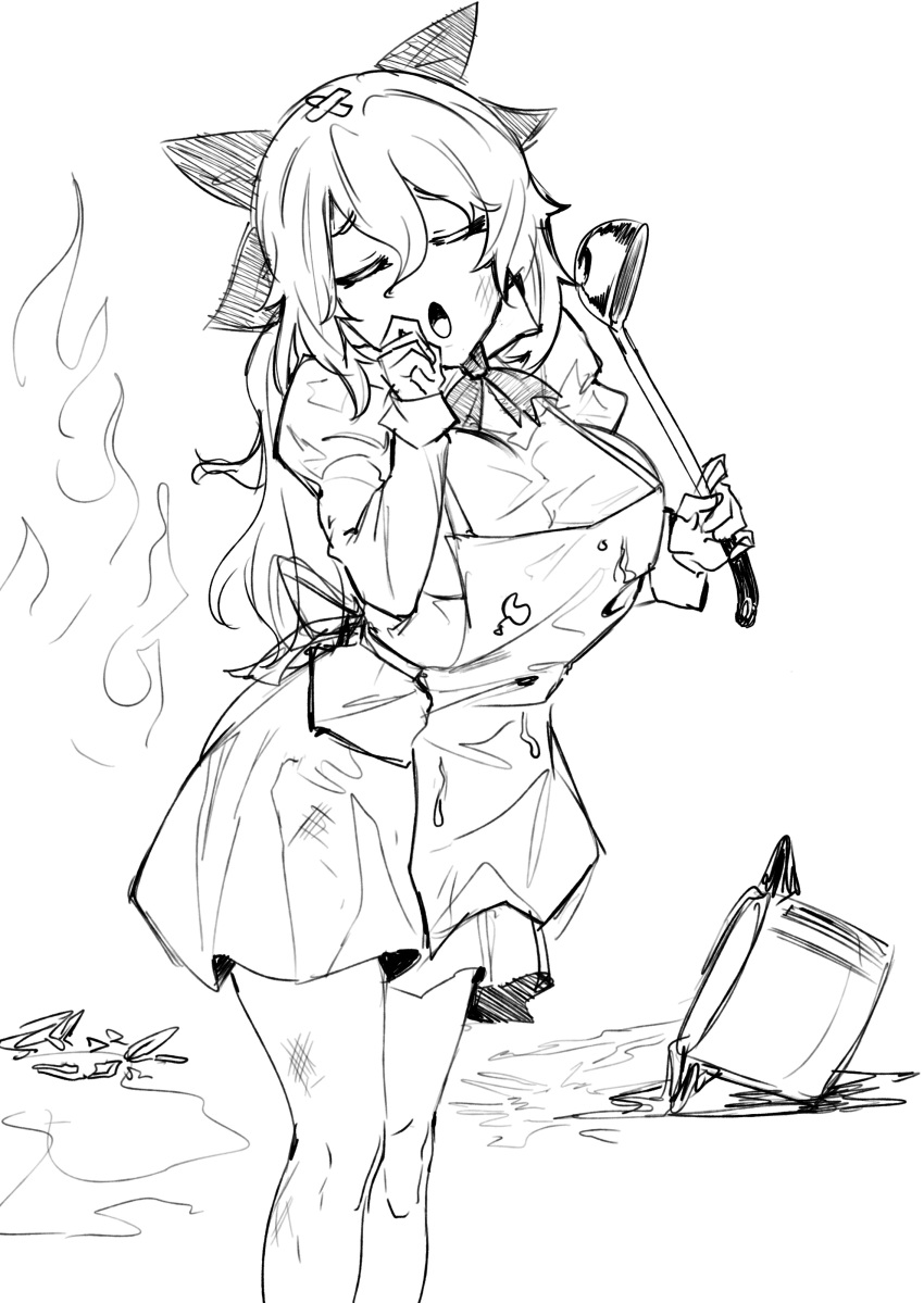 1girl :o absurdres apron bad_link bandaid bow breasts broken closed_eyes dirty dirty_clothes drawfag fire greyscale hair_bow hand_up highres holding holding_ladle katawa_shoujo ladle large_breasts leaning_forward long_hair long_sleeves monochrome pot puffy_long_sleeves puffy_sleeves satou_lilly solo