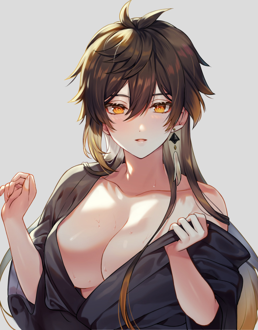 1girl ahoge bangs black_hair blush breasts brown_hair cleavage collarbone commentary_request earrings genderswap genderswap_(mtf) genshin_impact gradient_hair hair_between_eyes highres japanese_clothes jewelry kimono large_breasts long_hair long_sleeves looking_at_viewer multicolored_hair ritsu_(re710pngn) solo tassel tassel_earrings upper_body wide_sleeves yukata zhongli_(genshin_impact)