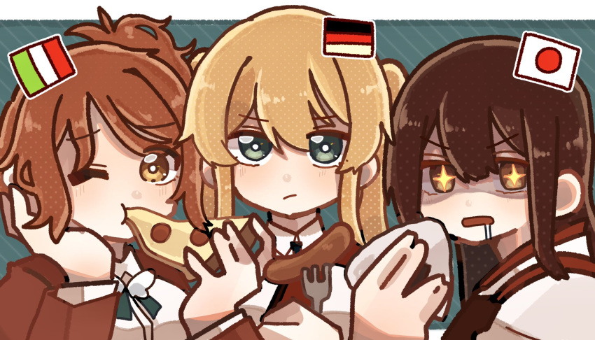 +_+ 3girls akagi_(kancolle) aquila_(kancolle) bangs blonde_hair blue_eyes brown_eyes brown_hair closed_mouth eating flag food food_in_mouth german_flag graf_zeppelin_(kancolle) hagino_chihiro head_rest highres holding holding_food italian_flag japanese_clothes japanese_flag kantai_collection long_hair multiple_girls one_eye_closed onigiri open_mouth orange_hair pizza ponytail saliva sausage shaded_face sidelocks simple_background twintails upper_body