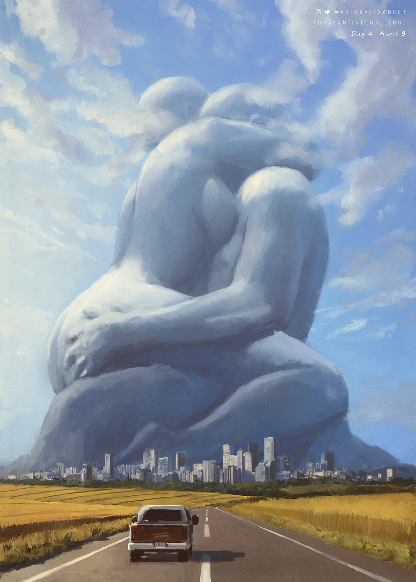 astor_alexander bald bald_girl blue_sky breasts building city cloud commentary dated ground_vehicle hetero highres medium_breasts motor_vehicle no_humans original road scenery sex sky skyscraper statue straddling truck twitter_username upright_straddle
