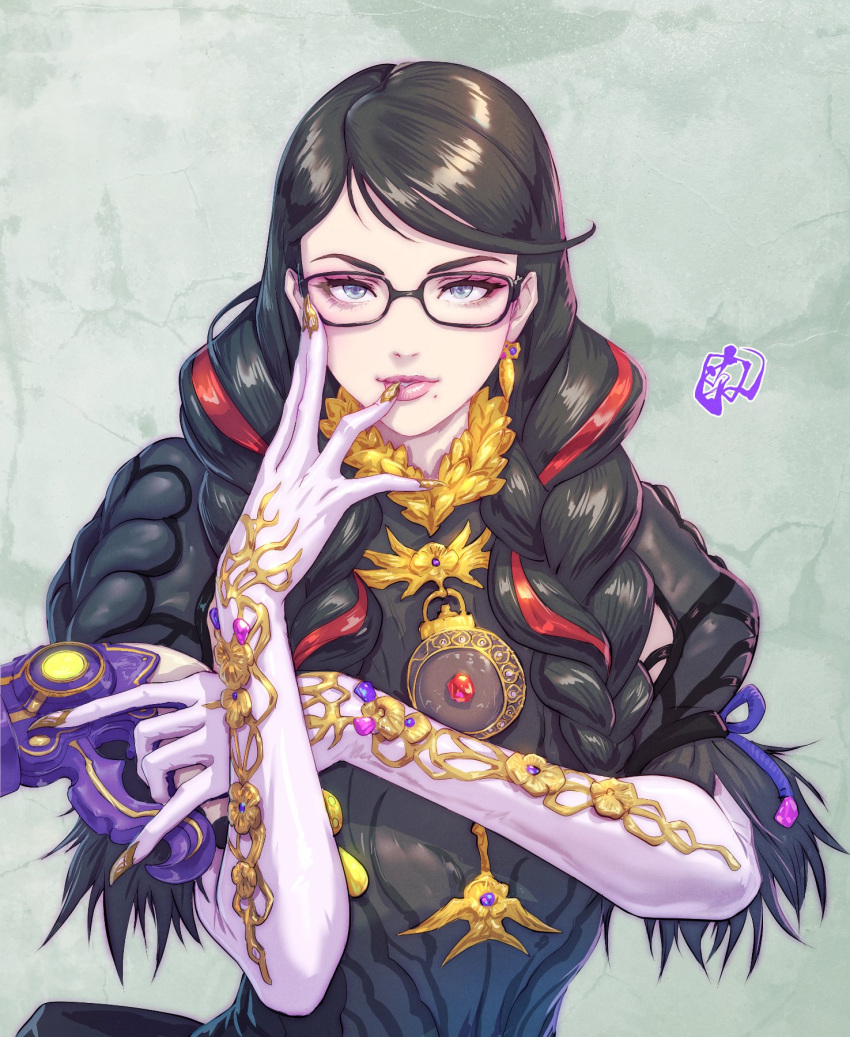 1girl bangs bayonetta bayonetta_(series) bayonetta_3 black-framed_eyewear black_hair blue_eyes braid commentary_request earrings elbow_gloves fujii_eishun glasses gloves gold_trim gun highres holding holding_weapon jewelry lips long_hair looking_at_viewer mole mole_under_mouth multicolored_hair puffy_short_sleeves puffy_sleeves red_hair revolver shiny shiny_hair short_sleeves simple_background solo tied_hair twin_braids two-tone_hair upper_body weapon white_gloves