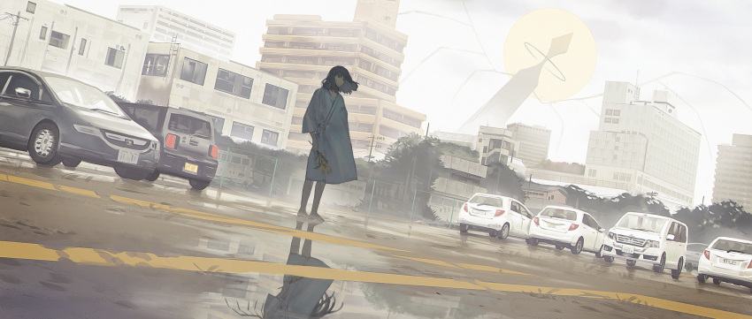 1girl bangs barefoot black_eyes black_hair building car city cityscape cloud cloudy_sky commentary different_reflection floating_hair flower ground_vehicle highres holding holding_flower hospital_gown kurohal long_hair looking_away looking_down medium_hair motor_vehicle original parking_lot reflection scenery sky solo wide_shot window yellow_flower