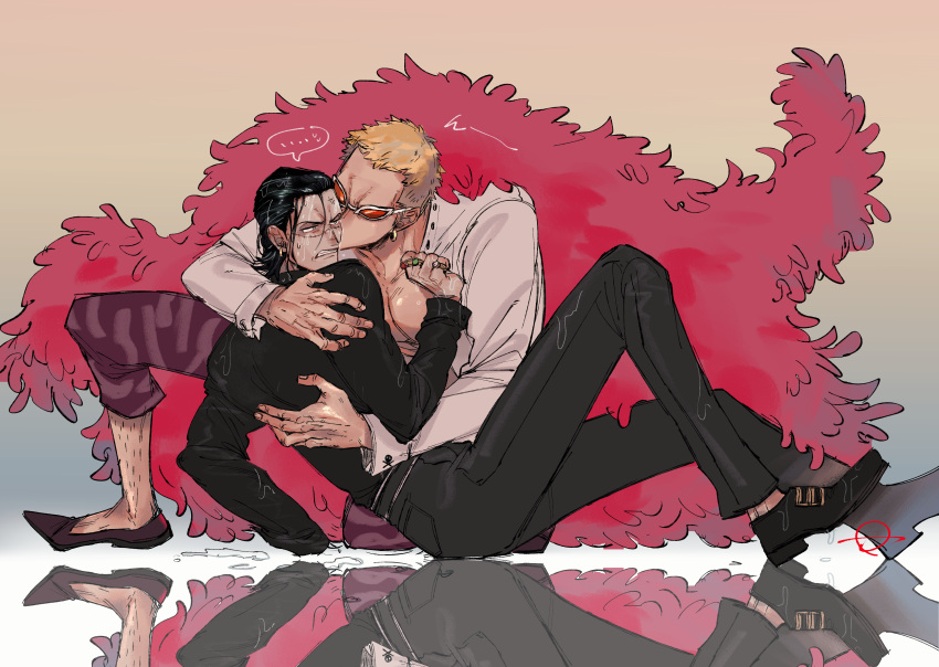 2boys absurdres black_hair blonde_hair donquixote_doflamingo frown fur_coat hair_slicked_back highres hug jewelry kiss kissing_cheek leg_hair long_sleeves male_focus multiple_boys nakameguro_kyuukyuu_gairai one_knee one_piece reflection reflective_floor ring scar scar_on_face short_hair sir_crocodile sunglasses wet yaoi