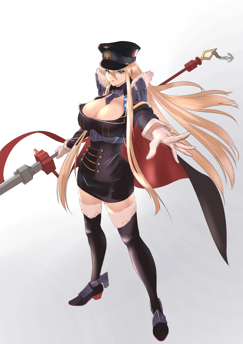 1girl absurdres azur_lane bismarck_(azur_lane) black_cloak black_headwear black_legwear blonde_hair blue_eyes breasts cleavage cloak eyebrows_visible_through_hair gloves hat highres holding holding_weapon large_breasts lom_(lom_lom_8) long_hair looking_at_viewer military military_hat military_uniform shoes simple_background solo standing thighhighs uniform weapon white_gloves