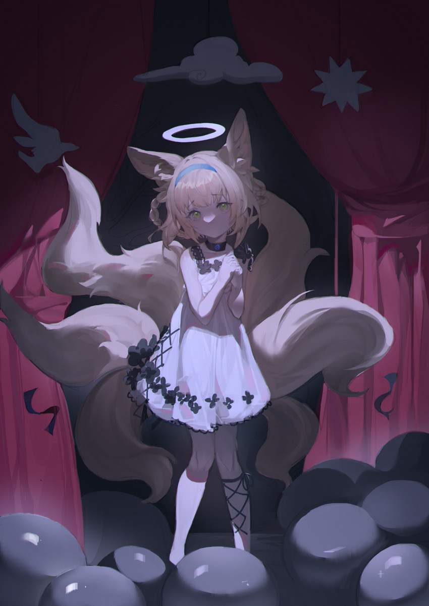0_0_0 1girl absurdres alternate_costume animal_ear_fluff animal_ears arknights ball bangs bare_legs bare_shoulders black_choker black_ribbon blonde_hair blush braid choker closed_mouth curtains dark_background dress eyebrows_visible_through_hair fox_ears fox_girl fox_tail green_eyes hair_rings halo highres leg_ribbon looking_at_viewer multiple_tails own_hands_clasped own_hands_together ribbon short_hair sleeveless sleeveless_dress solo standing suzuran_(arknights) tail white_dress