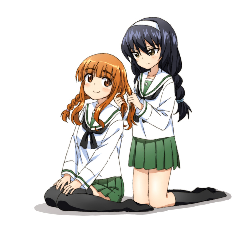 2girls black_hair braid braiding_hair girls_und_panzer hairband hairdressing hatopoo_(beach7pijon) kneehighs kneeling long_hair multiple_girls orange_hair reizei_mako school_uniform sitting smile takebe_saori thighhighs twin_braids white_background