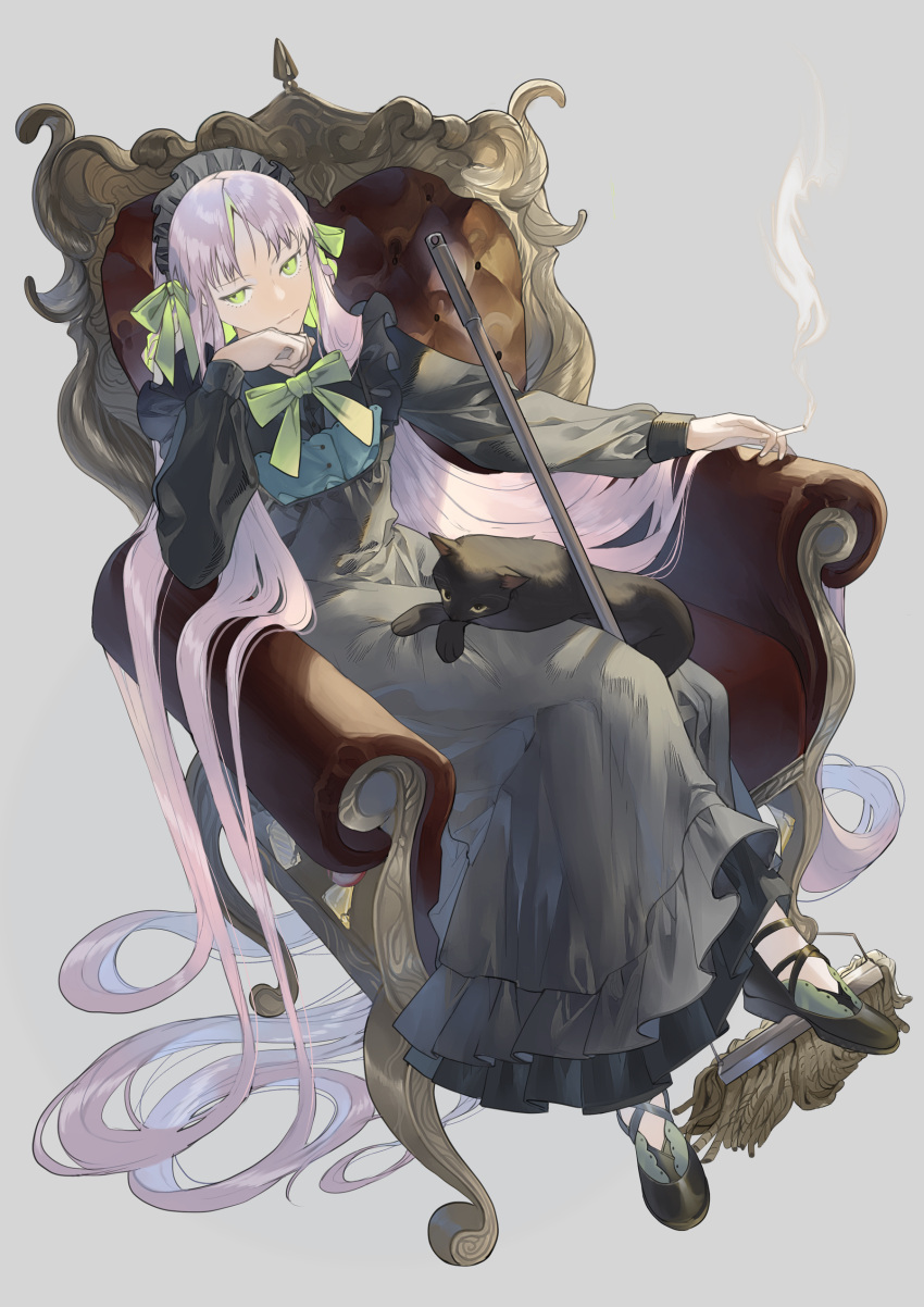 1girl absurdly_long_hair absurdres arm_support bad_id bad_pixiv_id bangs black_cat black_footwear bow bowtie buttons cat chair cigarette closed_mouth commentary couch crossed_legs dress frilled_dress frills green_bow green_bowtie green_hair grey_background grey_dress hair_bow hand_up highres kurohal long_dress long_hair long_sleeves looking_away maid maid_headdress mop multicolored_hair original parted_bangs pink_hair shoes sideways_glance simple_background sitting solo two-tone_hair very_long_hair