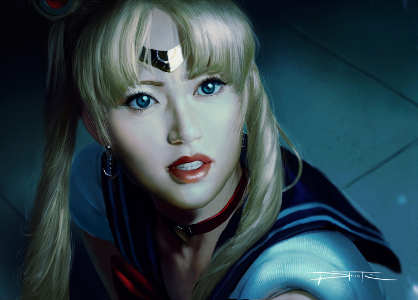 1girl bishoujo_senshi_sailor_moon blonde_hair blue_eyes choker circlet clenched_teeth crescent crescent_earrings derivative_work earrings eyebrows_behind_hair eyelashes heart heart_choker highres jewelry lips magical_girl meme parted_lips photorealistic portrait red_lips sailor_collar sailor_moon sailor_moon_redraw_challenge_(meme) screencap_redraw signature solo teeth tiago_datrinti tsukino_usagi twintails upper_body