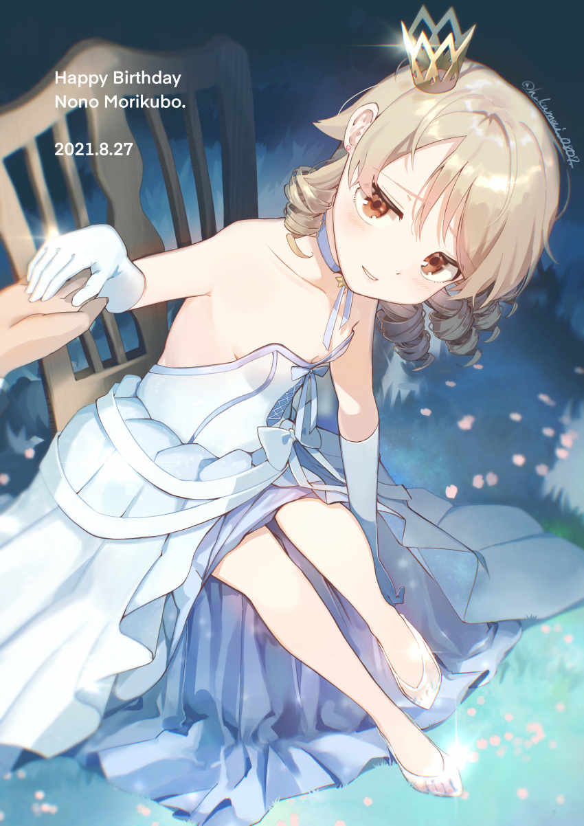 1boy 1girl absurdres adjusting_footwear armpits bare_legs blonde_hair breasts character_name cherry_blossoms choker commentary_request crown dated dress ear_piercing glass_slipper glint gloves grass happy_birthday highres holding_hands idol idolmaster idolmaster_cinderella_girls looking_at_viewer morikubo_nono off-shoulder_dress off_shoulder on_chair petals piercing pov pov_hands ribbon_choker ringlets shisui_(5830217) sitting small_breasts solo_focus transparent_footwear white_dress white_gloves