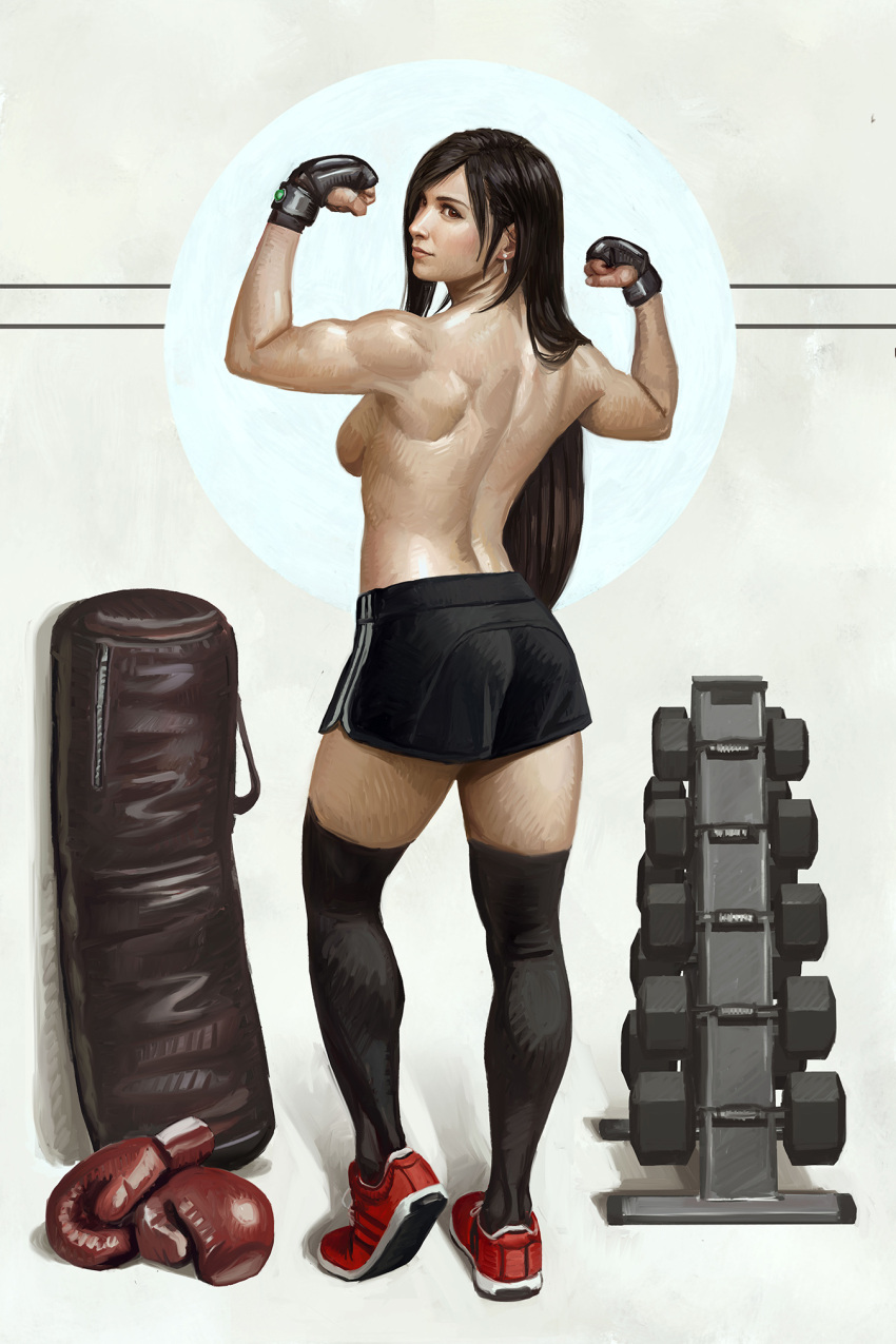 1girl astor_alexander black_hair black_legwear black_shorts boxing_gloves breasts brown_hair commentary dangle_earrings dolphin_shorts dumbbell earrings english_commentary eyebrows final_fantasy final_fantasy_vii fingerless_gloves flexing from_behind full_body gloves grappling_gloves highres jewelry large_breasts lips long_hair looking_back muscular muscular_female pose punching_bag realistic red_footwear shoes shorts sideboob sneakers solo thighhighs tifa_lockhart toned topless very_long_hair