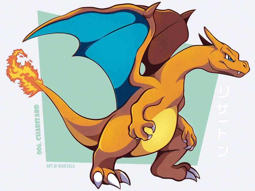 artist_name blue_eyes character_name charizard claws commentary english_commentary fang fire flame from_side full_body highres no_humans parted_lips pokedex_number pokemon pokemon_(creature) solo standing tail-tip_fire woofzilla