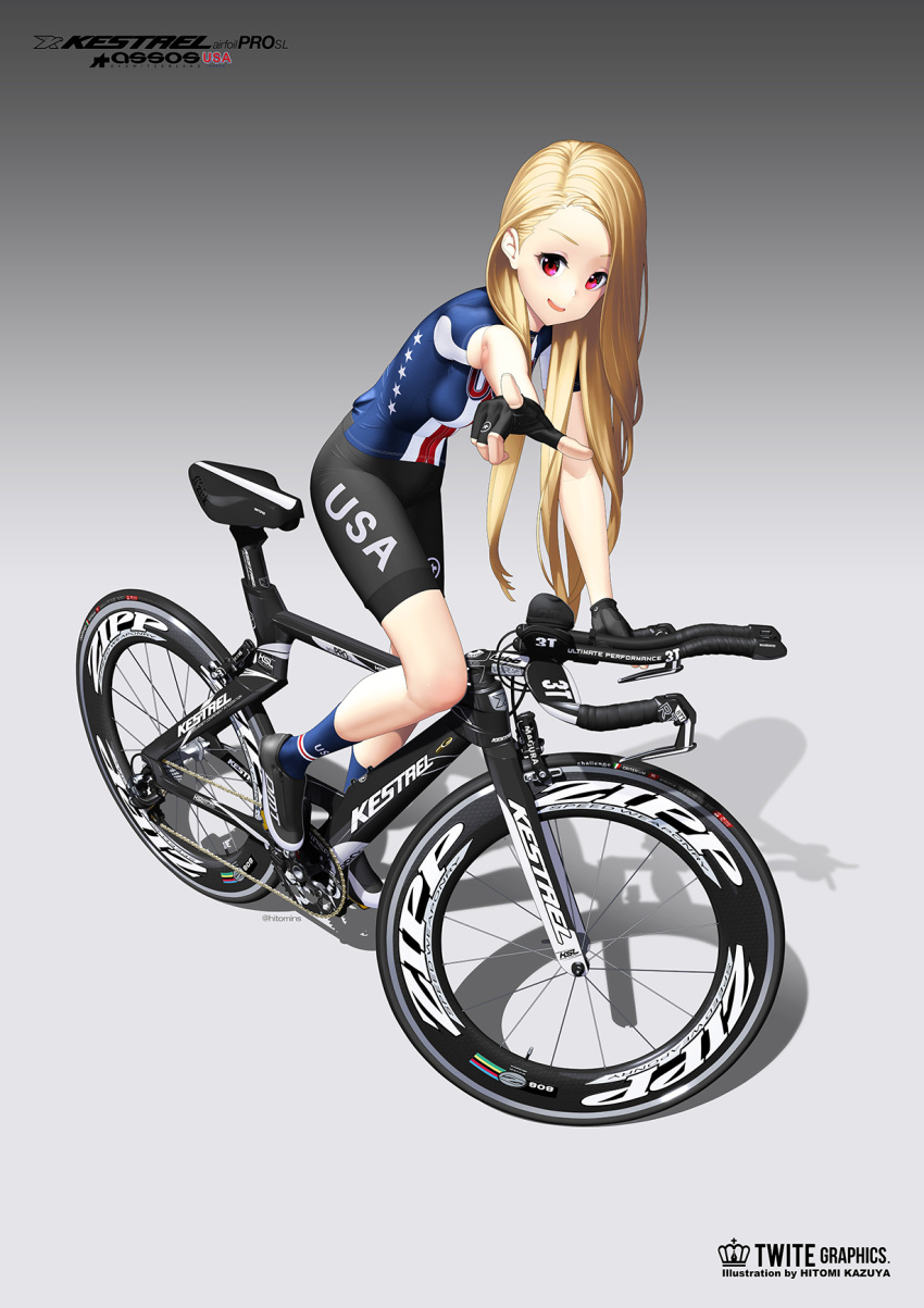 1girl america bicycle bike_jersey bike_shorts blonde_hair breasts fingerless_gloves gloves ground_vehicle highres hitomi_kazuya long_hair open_mouth original outstretched_arms pink_eyes pointing pointing_at_viewer road_bicycle simple_background smile solo