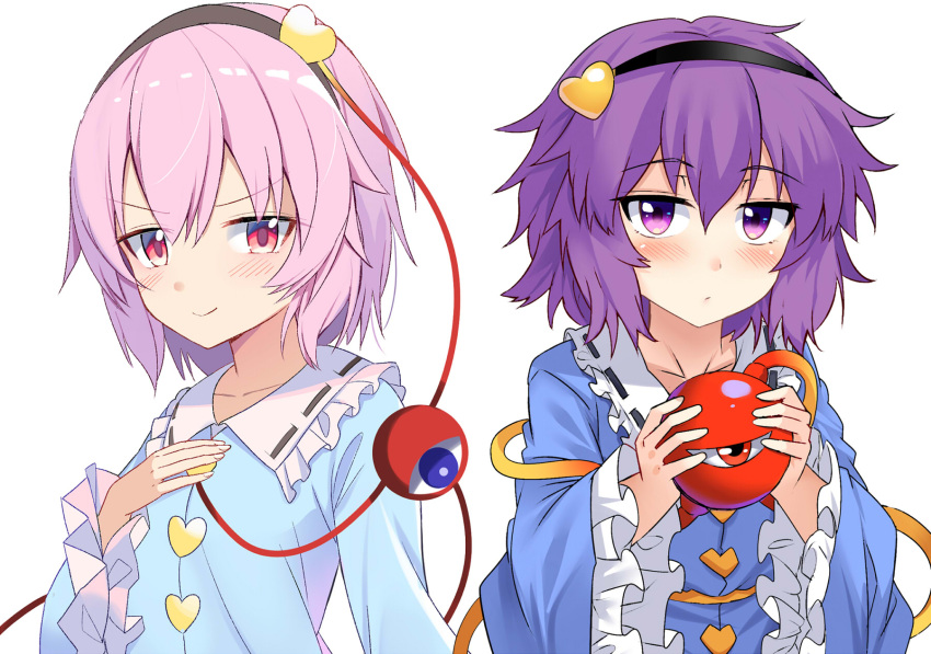 2girls bangs black_hairband blue_shirt blush buttons closed_mouth collarbone collared_shirt dual_persona e.o. eyeball eyebrows_visible_through_hair frilled_shirt_collar frilled_sleeves frills hair_between_eyes hair_ornament hairband heart heart_hair_ornament highres holding komeiji_satori long_sleeves looking_at_viewer messy_hair multiple_girls pink_eyes pink_hair purple_eyes purple_hair ribbon-trimmed_collar ribbon_trim shirt short_hair simple_background smug third_eye touhou upper_body white_background wide_sleeves